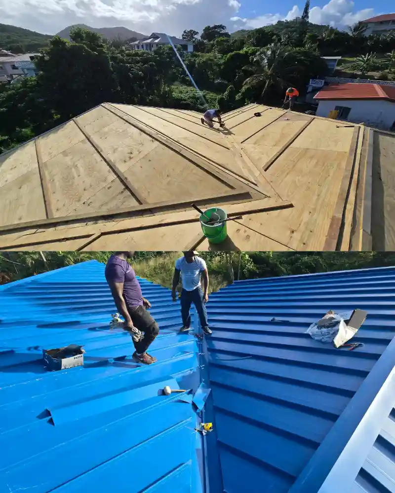 Men at work on the roof on a house